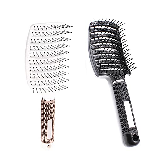 yufana 2 Piece Curved Vented Styling Hair Brush,Curved Vent Brush and Hair Detangler Detangling Nylon Bristle Brush Vented Hair Brush Anti Static Vent Brush(Black+White)