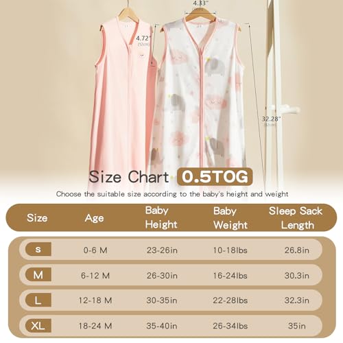 TILLYOU 2 Pack Baby Sleep Sack 12-18 Months 100% Cotton Wearable Blanket 0.5 TOG Sleeveless Summer Sleep Sacks with 2-Way Zipper, Pink Elephant & Cloud