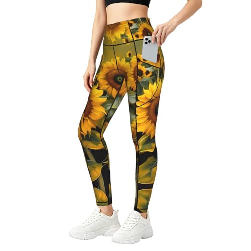 Ropa para clima activo y leggings con bolsillos para mujer con estampado de girasoles