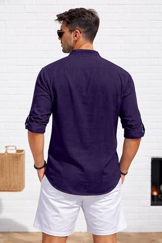 Image of Men's Cotton Blend Straight Kurta Shirt Combo with Mandarin Collar - Slim Fit Casual Short Kurti Set Featuring Textured Slub Fabric and Roll-Up Full Sleeves