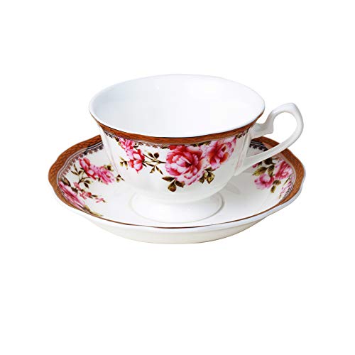Tasse de porcelaine, Tasse à Thé en Porcelaine Anglaise à la Cendre d’Os, Coffret avec Soucoupe, Service à Café Lavable au Lave-vaisselle - 7oz/210ml