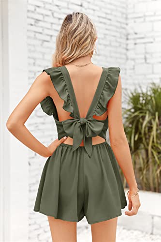 Conporry Womens Ruffle Spaghetti Strap Romper Backless Square Neck Back Knot Wide Leg Short Jumpsuit #TOP4