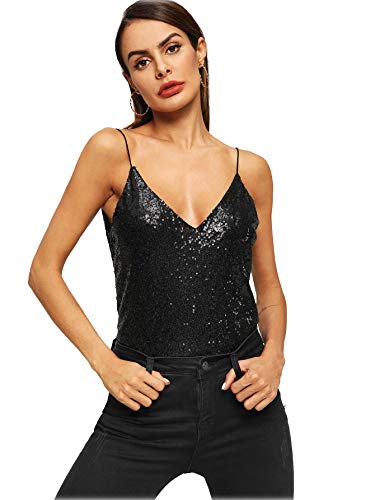 Romwe Women's Sparkle Sequin V Neck Cami Sexy Club Tank Top Black M