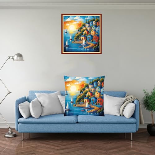 Image of Fanxvivy Stamped Cross Stitch Kits for Adults Beginners Pillow Needlepoint Kit with Embroidery Pattern Needlework Kit Prestamped Stitches Kit 11CT Cross Stitching-Seaside Scenery 18x18 inch