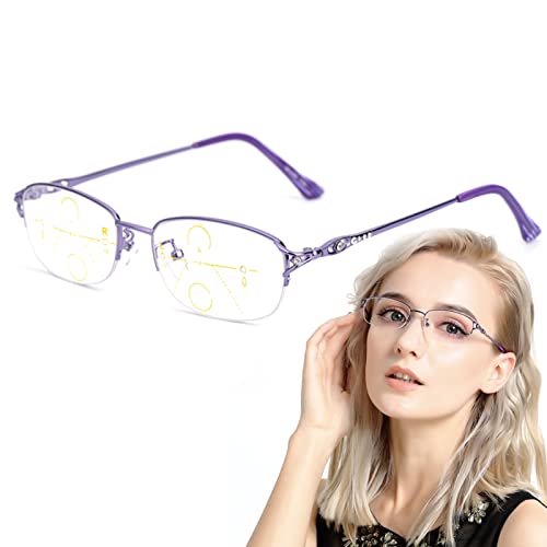 Modne damskie progresywne okulary do czytania Multifocus, fioletowe czytniki półramkowe z diamentem (rozmiar: 1,5 x)