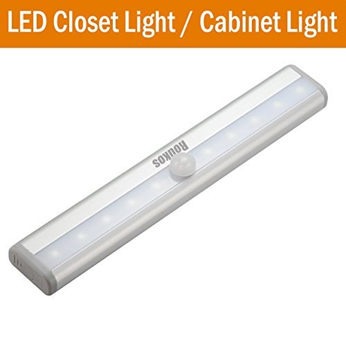 LED Closet Light - Roukos Wireless/Rechargble 10-LED Infrared Motion Sensor Cabinet Light DIY Stick-on Anywhere