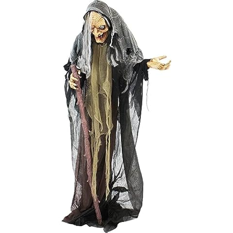 Haunted Hill Farm Life-Size Scary Poseable Talking Witch, Halloween Animatronic with Touch Activated Lights and Sound, Battery Operated Indoor or Covered Outdoor Halloween Decorations, Halloween Prop Cover
