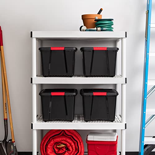Image of IRIS USA 40 Qt Stackable Plastic Storage Bins with Lids, 4 Pack - BPA-Free, Made in USA - Garage Organizing Solution, Latches, Durable Nestable Containers, Secure Pull Handle - Black