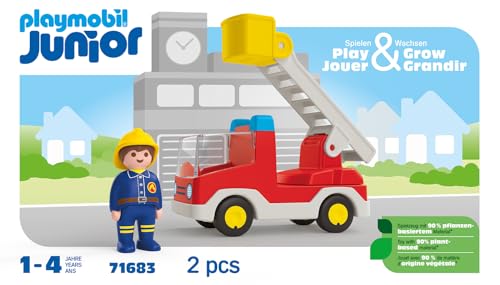Playmobil 71683 Junior : Camion de Pompier avec échelle pivotante - Comprenant Une échelle Extensible et Un Pompier - Jouet fabriqué à partir de matière d'origine végétale - Dès 12 Mois