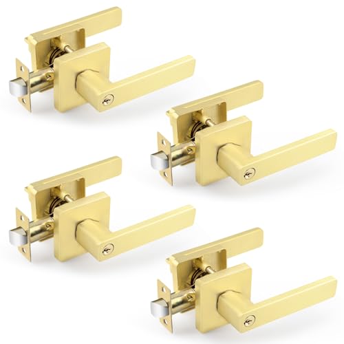 EHOMEWARE 4 Pack Door Levers with Lock and Key Satin Brass, Gold Door Handles Interior, Keyed Alike Entry Door Levers Handle Lock, Satin Brass Door Knobs Exterior, Bulk Door Handles with Keys