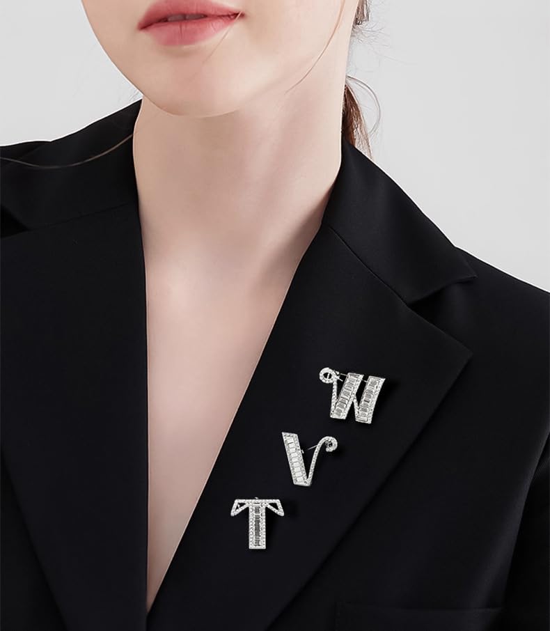 Image of A-Z 26 Letters Brooch Pins Silver Initial Rhinestone Brooches Crystal Alphabet Breastpin Pin Women Gifts Jewelry