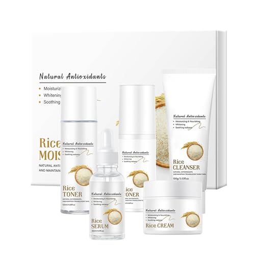 Set per la cura della pelle di riso, estratto di riso a doppia polpa grezza, set di prodotti per la cura della pelle con tonico viso, lozione, siero viso, crema viso e detergente, migliora la pelle