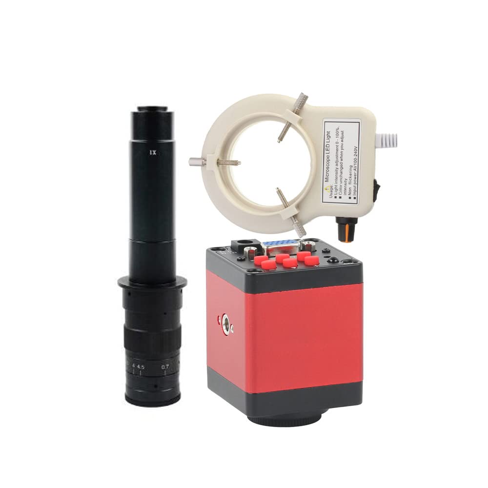 Cámara de microscopio de Video de reparación de Soldadura Industrial Digital de Laboratorio VGA HDMI de 14MP y Lente de Montaje en C 300X con Anillo de luz Ajustable de 56 LED - Rojo