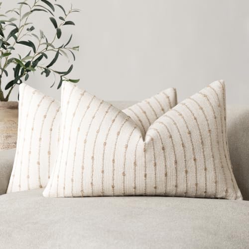 Image of Foindtower Boho Striped Boucle Lumbar Throw Pillow Covers 12x20 Cream Camel