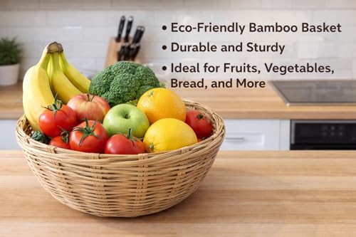 Image of Natural Hand Crafted Weaved Bamboo Fruit and Vegetable Basket Punnet Nub Pannier Mammock Tokri - 27 Cms Beige /Brown (3)
