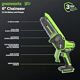 Greenworks 24V 6in BL Pruning Saw w/Auto Oiler, (1) 2.0Ah Battery & 2A Adapter Charger for Tree Trimming and Pruning