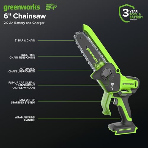 Image of Greenworks 24V 6in BL Pruning Saw w /Auto Oiler, (1) 2.0Ah Battery & 2A Adapter Charger for Tree Trimming and Pruning