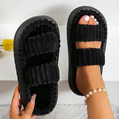 Women's Minimalist Stripe Design Fuzzy Bedroom Slippers, Warm Fluffy Open Toe Slippers for Women, Double Strap Plush Slippers4
