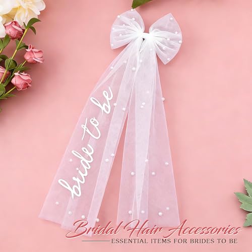 Pinza con moño y velo blanco para novia miniatura 3