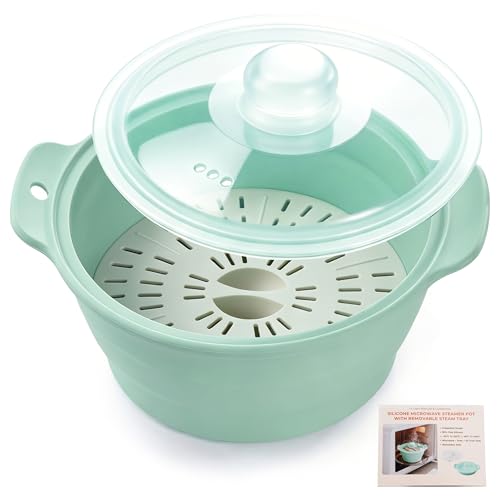 Collapsible Silicone Microwave Vegetable Steamer with Removable Steam Rack, AODISTUCE 42oz BPA-Free...