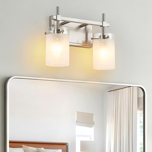 Image of 2-Light Brushed Nickel Vanity Light with White Linen Frosted Glass E26 Socket,Bathroom Light Fixture,Modern Wall Light Over Mirror(Bulbs Not Included)