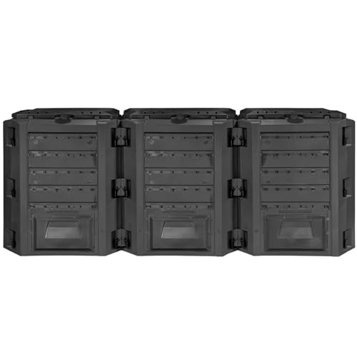 FIXKRAFT 3 Kammer Komposter Garten Schnellkomposter Groß 1200L Schwarzer Kompostbeschleuniger mit Deckel & Klappe Bio Kompost aus Kunststoff zum Kompostieren