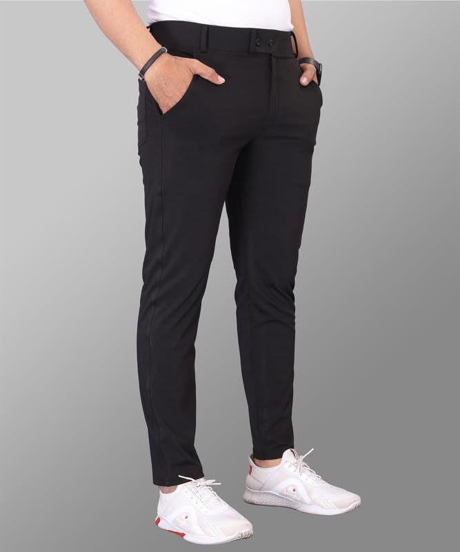 Image of MiraMichi Men's Slim Fit Stretchable Casual Mid Rise Trousers | Stylish Lycra Blend Pants for Office, Party