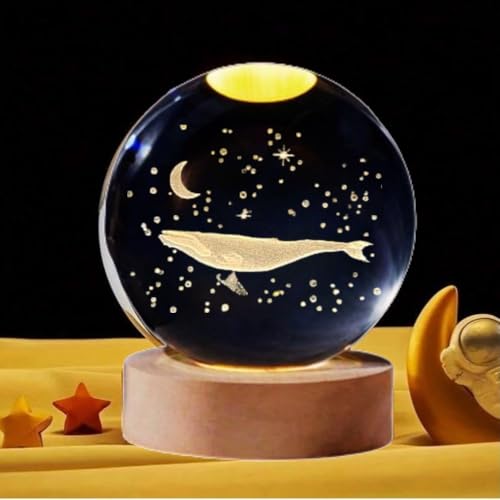 Image of Fish 3D Crystal Ball Night Light with LED Wooden Stand - Glass Sphere Aquarium Style Lamp for Room Decor & Unique Gifts