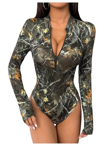 MakeMeChic Women's Camo Zip Front Bodysuit Mock Neck Long Sleeve Leotard Tops Green Large