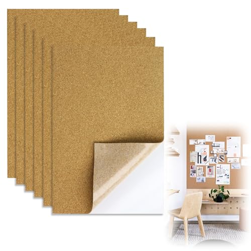 6 Piezas de Láminas de Corcho Autoadhesivas 30 x 21 cm, Grueso para Manualidades, Tapete de Corcho de 1 mm para Decoración de Paredes, Bricolaje