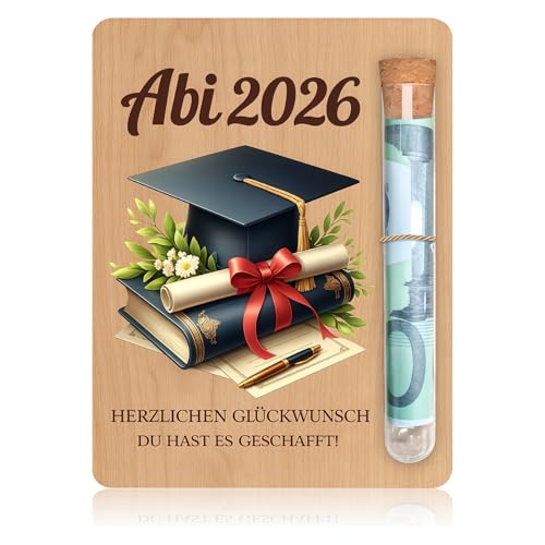 Abitur 2026 Geldgeschenk Holz mit Reagenzglas Abi 2026 Geschenk Herzliche Glückwünsche 13 x 10 cm Abitur Geschenke Geld Verpackung aus Holz Matura 2026 Geschenk für Abiturienten Mädchen Jungen