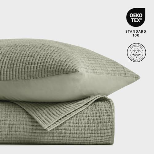 Image of EVERGRACEHOME Cotton Coverlet Set Full Queen Size 3 Pieces, Lightweight Soft Ribbed Matelasse Bedspread Quilt Set, Oversized Quilted Bedding Set with 2 Pillow Shams for All Seasons, Light Sage Green