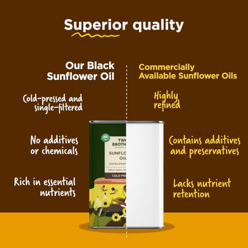Image of Two Brothers Organic Farms India's Only Certified Glyphosate Free Sunflower Oil I Cold-Pressed (5L) | Rich in Omega-6 & Natural Antioxidants | Pure, Single-Filtered | Ideal for Frying, Sauteing & Tadka
