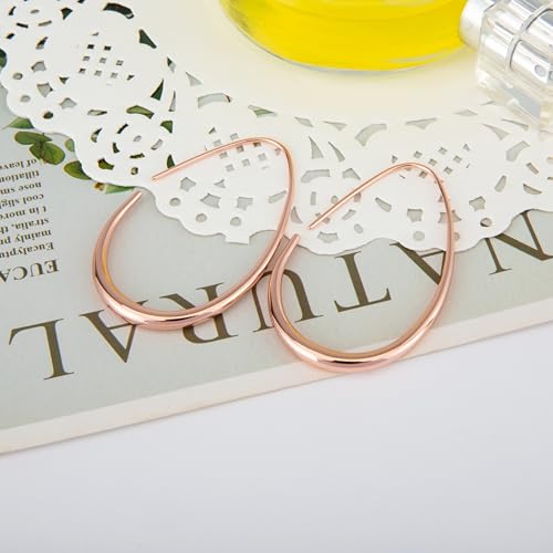 Image of Lightweight Teardrop Hoop Earrings for Women - 14k Gold /White Gold Plated Large Oval Pull Through Hoop Earrings High Polished Statement Jewelry Gift for Women