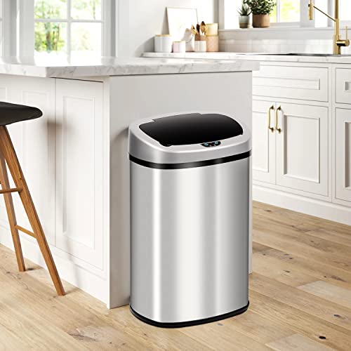 Kitchen Trash Can Stainless Steel Garbage Trash Can 13 Gallon / 50L Automatic Touch Free High-Capacity Garbage Can With Lid Home Bathroom Office Restroom Brushed Large Dustbin,Silver #TOP19