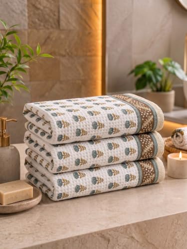 Image of Mafatlal Madhuban 250 GSM Waffle Texture Cotton Bath Towels Pack of 3 | 147 x 76 cm | Lightweight & Fast Dry | Copper Brown