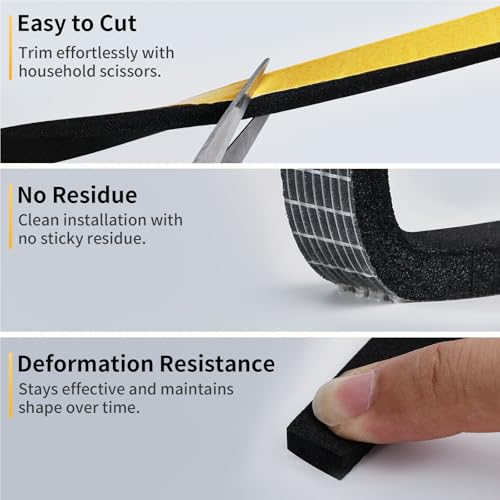 Bonison Weather Stripping - 1/2\" x 1/4\" x 26Ft High Density Foam Insulation Tape Door Seal Strip, Self Adhesive Soundproof Gap Filler for Doors, Windows, Sliding Door and AC Units(Black)