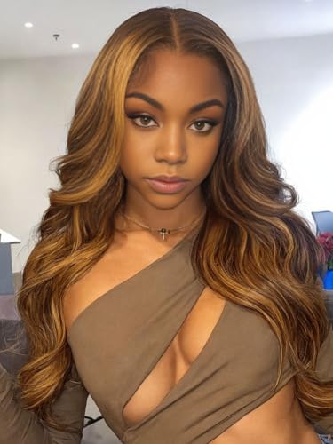 Barbique 26 Inch Highlight Brown Lace Front Wig for Women, 13x6 Synthetic Wig with Baby Hair, Heat Resistant, Long Wavy Natural Look for Daily Party Work Use