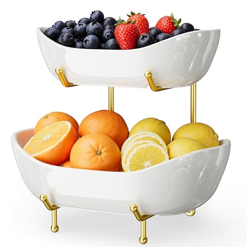 Josmimic 2 Tier Ceramic Fruit Bowl for Kitchen Counter –