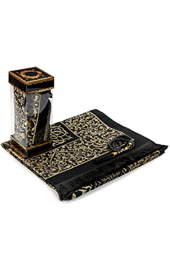 Muslimische Gebetspuppteppich und Gebetsperlen mit eleganter Geschenkbox | Janamaz | Sajadah | Weicher islamischer Gebetsteppich | Islamische Geschenke Set | Gebets Teppichmatte, Taft Stoff, schwarz Cover
