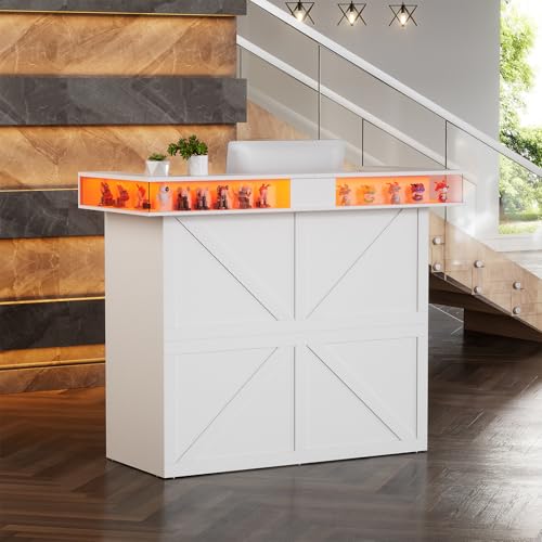 PAKASEPT Reception Desk with LED Lights, 55-Inch Front Counter Table with Lockable Drawer & Glass Display Shelf, Reception Room Table with Cable Grommet for Checkout, Lobby, Beauty Salon