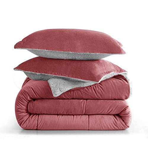 Micromink Sherpa Full Size Comforter Set 3 Pcs, Mauve Red Velvet Flannel Ultra-Soft Down Alternative Modern Bedding , All Season Duvet Bed Sets In A Bag For Women Girl , 80 X90 Plush Fleece, Dark Pink #TOP4