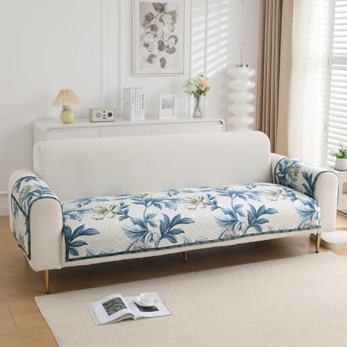 Image of HOKIPO 'HomeHues Series' Printed Quilted Sofa Seat Mat for 1 Seater Sofa with 2 Armrest Covers with Pockets, Celadon Blue Camellia (IN-806-D8 + IN-814-D8*2)