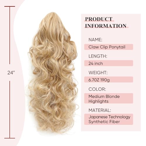 Image of 24 inch Ponytail Extension, Long Curly Wavy Claw Clip and Natural-Looking Synthetic Hairpiece, Voluminous Hair Extensions for Women Daily Wear. (Medium Blonde Highlights, 24Inch)