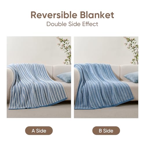 Image of Snuggle Sac Ultra Soft Blue Throw Blanket for Couch, Reversible Cozy Knitted Ribbed Blankets, Fuzzy Knit Striped Throws for Sofa, Bed, Home Decor, Blue 50 inchx60 inch