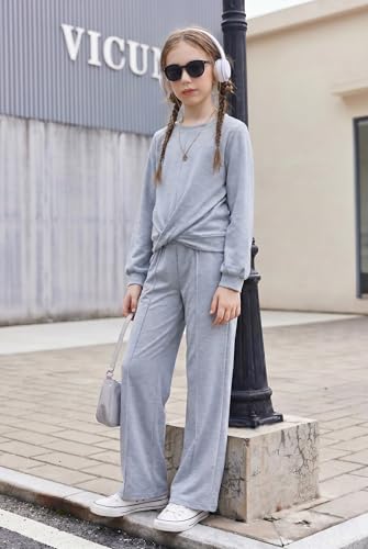 Image of Arshiner Girls 2 Piece Outfits Twist Front Sweatshirt Wide Leg Sweatpants | Girls Sweatsuit, Fall Clothes, Long Sleeve Casual Pullover, Long Pant Sets, Comfy Cute Clothing, Tracksuit with Pockets