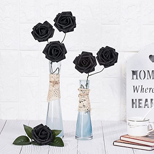 Macting 60Pcs Black Roses Artificial Flowers,Real Looking Black Flowers Foam Fake Roses With Stems For Diy Wedding Bouquets Centerpieces Floral Arrangements Party Home Halloween Decorations #TOP2
