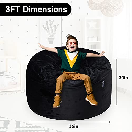 Habutway Bean Bag Chair 3Ft Luxurious Velvet Ultra Soft Fur With High-Rebound Memory Foam Bean Bag Chairs For Adults Plush Lazy Sofa With Fluffy Removable Sponge 3'(Black New) #TOP2