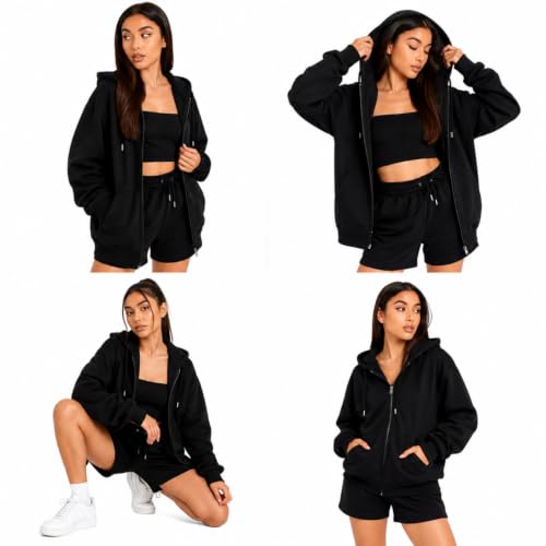 Image of Solid Hoodie Long Sleeve Front Zipper with 2 Pockets Sweatshirt for Women
