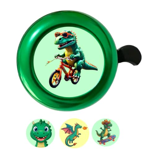 Fun Dinosaur Bike Bell with T-Rex Design, Green Metallic Finish, Kids Bicycle Accessory (Green Dino)